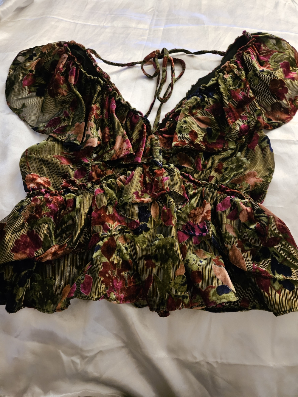 Floral Ruffled V-Neck Women’s Top in Olive Green - Picture 13 of 13